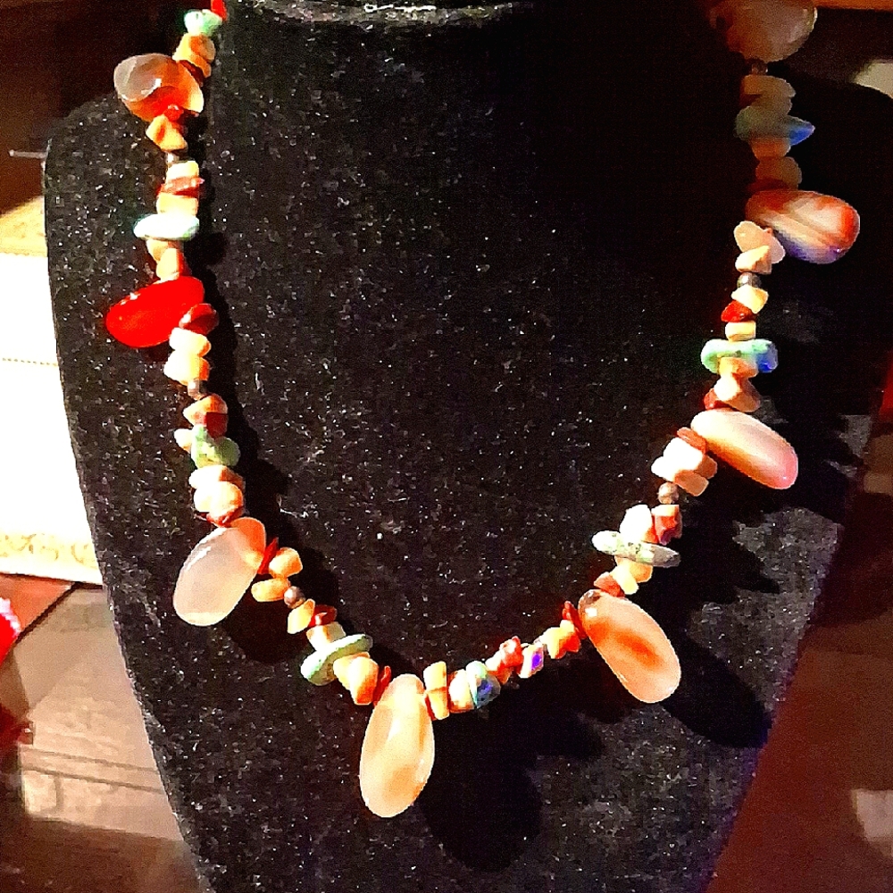 Red and Orange Coral Shell Necklace with Asymmetrical Design,turquois Throughout